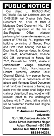Public Notice issued by an advocate regarding lost property documents.