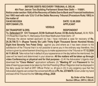 Public Notice issued by Debts Recovery Tribunal-II, Delhi
