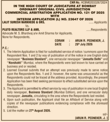 Public Notice: Lalit Suresh Narkhede vs. Pluto Realtors LLP