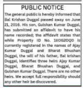 Public Notice: Legal Heir Affidavit for Property Mutation