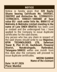 PUBLIC NOTICE - LOSS OF 329 MAHINDRA EQUITY SHARES