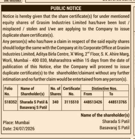 Public Notice: Loss of Share Certificates – Grasim Industries Limited