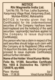 Public Notice: Loss of Share Certificates – RHI Magnesita India Ltd.