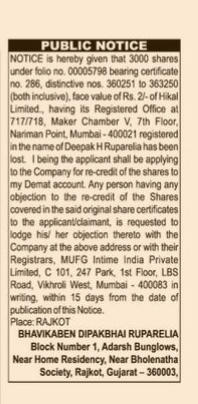 Public Notice: Loss of Share Certificates
