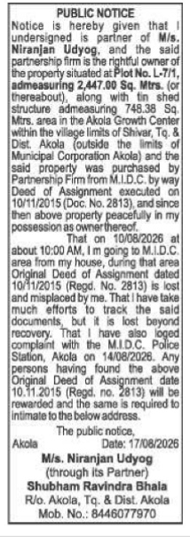 Public Notice: Lost Deed of Assignment