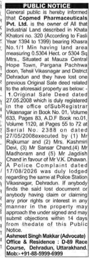 Public Notice: Lost Original Sale Deed (Copmed Pharmaceuticals Pvt. Ltd.)