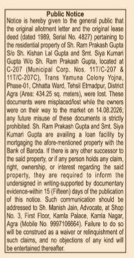 Public Notice: Lost Property Documents and Mortgage Intent for C-207, Trans Yamuna Colony Yojna, Agra