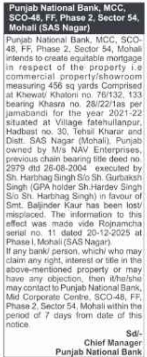 Public Notice: Lost Property Title Deed / Objection Invitation by Punjab National Bank