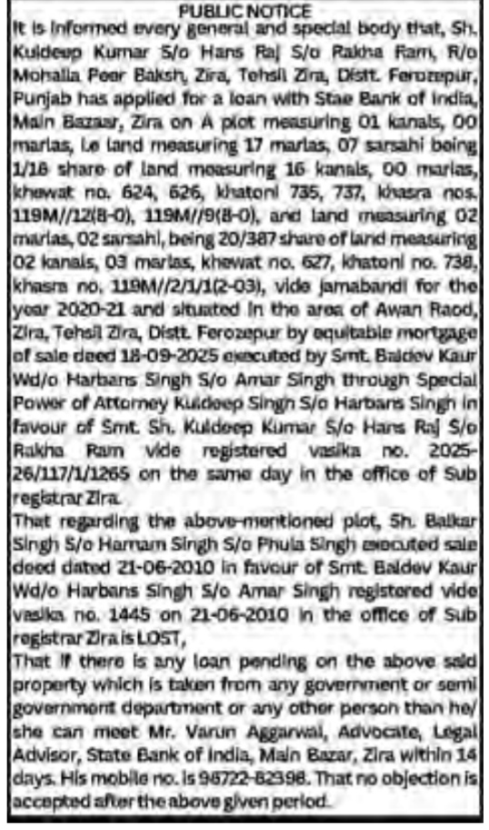 Public Notice: Lost Sale Deed and Loan Application