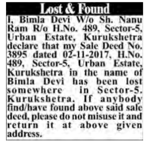 Public Notice: Lost Sale Deed