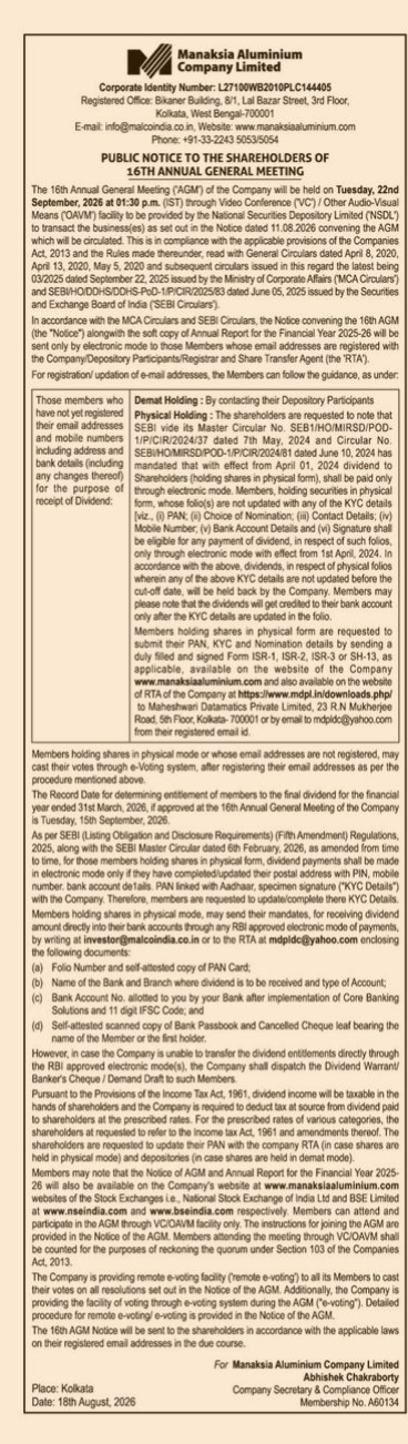 Public Notice: Manaksia Aluminium Company Limited 16th AGM