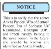 Public Notice: Name Clarification-ankita pandey
