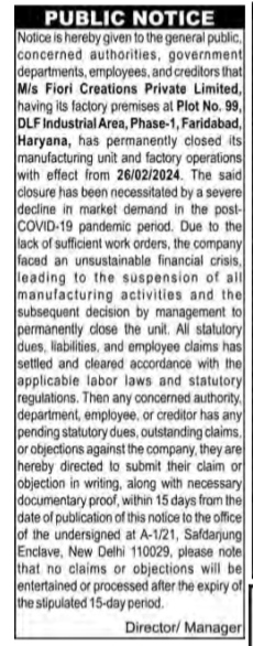 Public Notice of Factory Closure: M/s Fiori Creations Private Limited