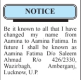 Public Notice of Name Change-AAMINA FATIMA