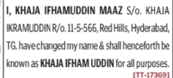 Public Notice of Name Change for Khaja Ifhamuddin Maaz