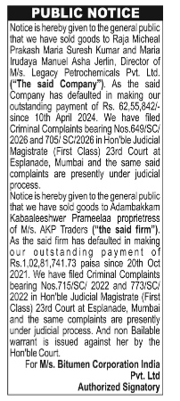 Public Notice of Outstanding Payments and Legal Proceedings