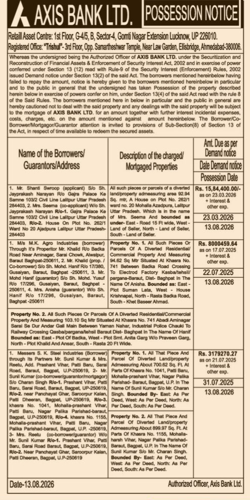 Public Notice of Property Possession by Axis Bank