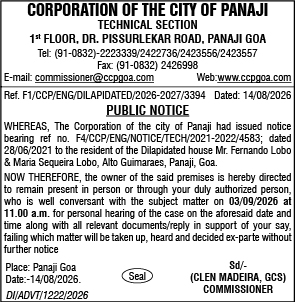 Public Notice: Personal Hearing for Dilapidated House Case in Panaji