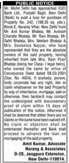 Public Notice: Property No. 242, Naraina Vihar