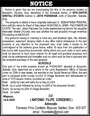 Public Notice: Property Title Investigation (Benaulim, Goa)