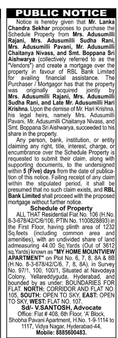 Public Notice: Proposed Property Purchase and Mortgage by Lanka Chandra Sekhar
