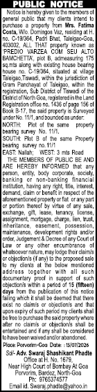 Public Notice: Proposed Property Purchase from Mrs. Fatima Costa in Taleigao-Goa