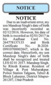 public notice published in a newspaper regarding a correction to a child's date of birth.