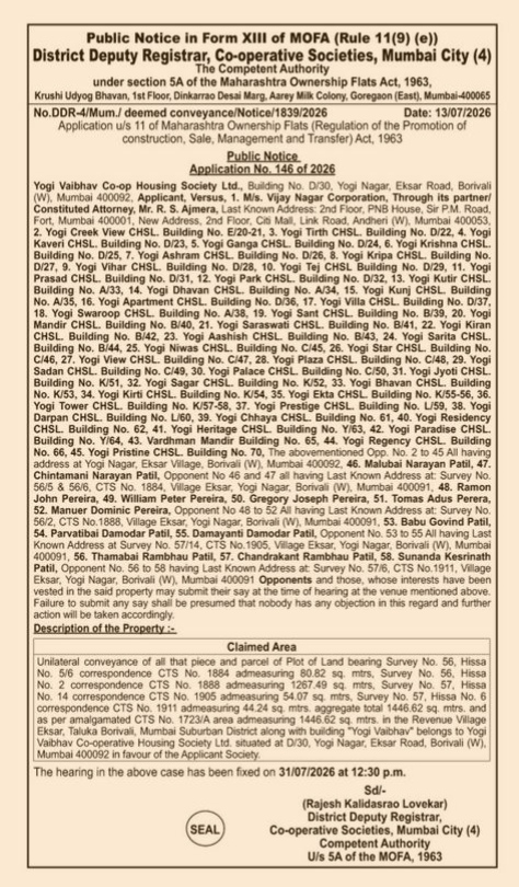 Public Notice regarding an application for Deemed Conveyance under the Maharashtra Ownership Flats Act (MOFA), 1963.
