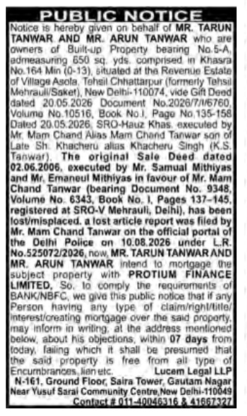 Public Notice Regarding Lost Sale Deed and Intent to Mortgage