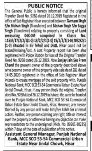 Public Notice Regarding Missing Title Deed and Property Mortgage