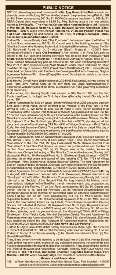 Public Notice regarding the ownership, title verification, and intended sale of real estate property in Mumbai, India.