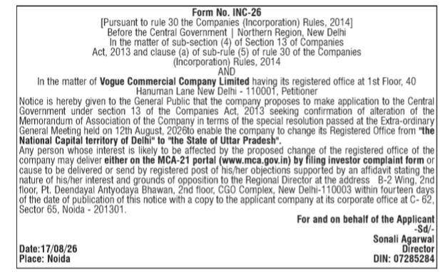 Public Notice: Shifting of Registered Office of Vogue Commercial Company Limited