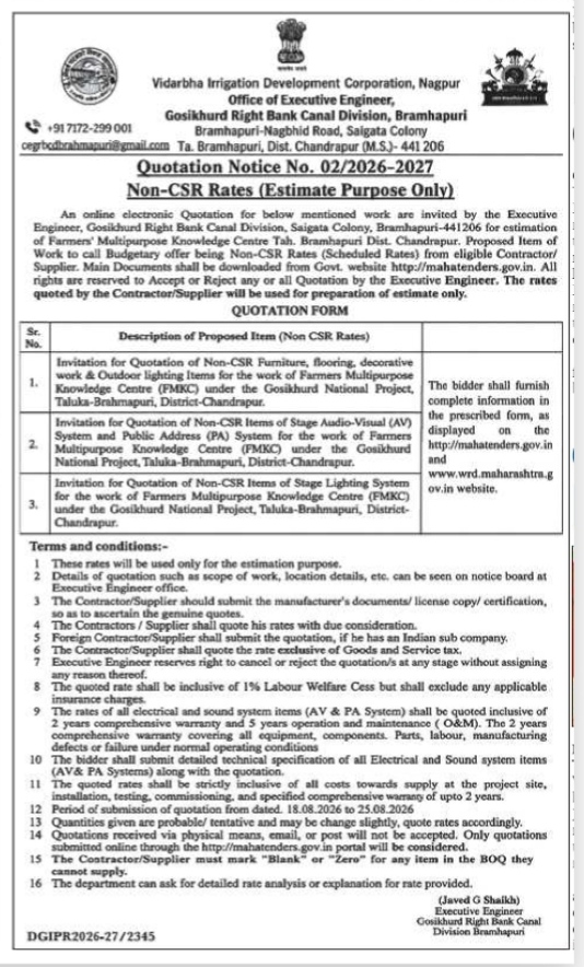 Quotation Notice No. 02/2026–2027 (Non-CSR Rates) – Vidarbha Irrigation Development Corporation