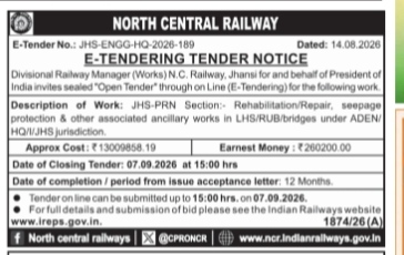 Railway E-Tender Notice: JHS-PRN Section Rehabilitation and Repair Works