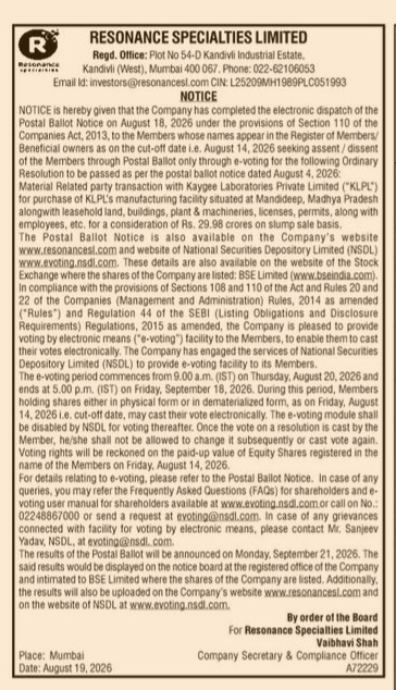 Resonance Specialties Limited: Postal Ballot and E-Voting Notice