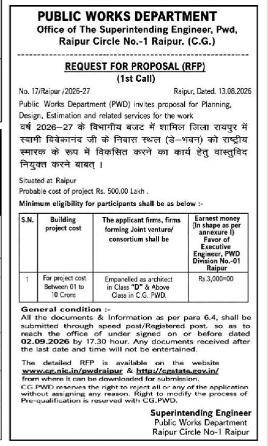 RFP for Architect Appointment: Vivekananda Memorial Project Raipur