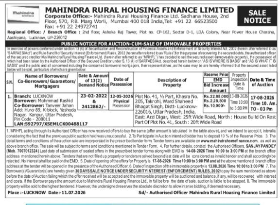 SALE NOTICE from mahindra rural housing finance limited