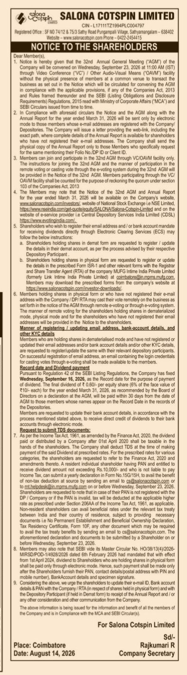 Salona Cotspin Limited 32nd AGM Notice (2026)