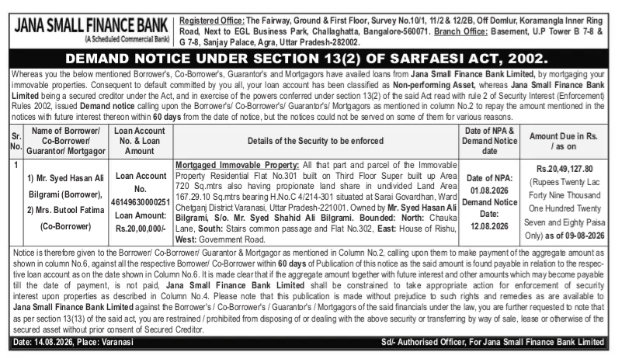 SARFAESI Act Demand Notice (Jana Small Finance Bank)