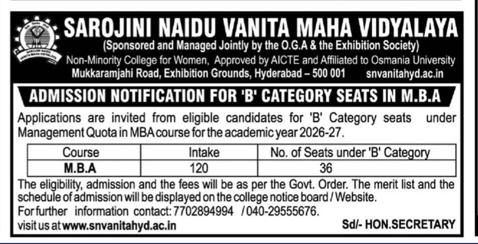 Sarojini Naidu Vanita Maha Vidyalaya M.B.A Admission Notification 2026-27
