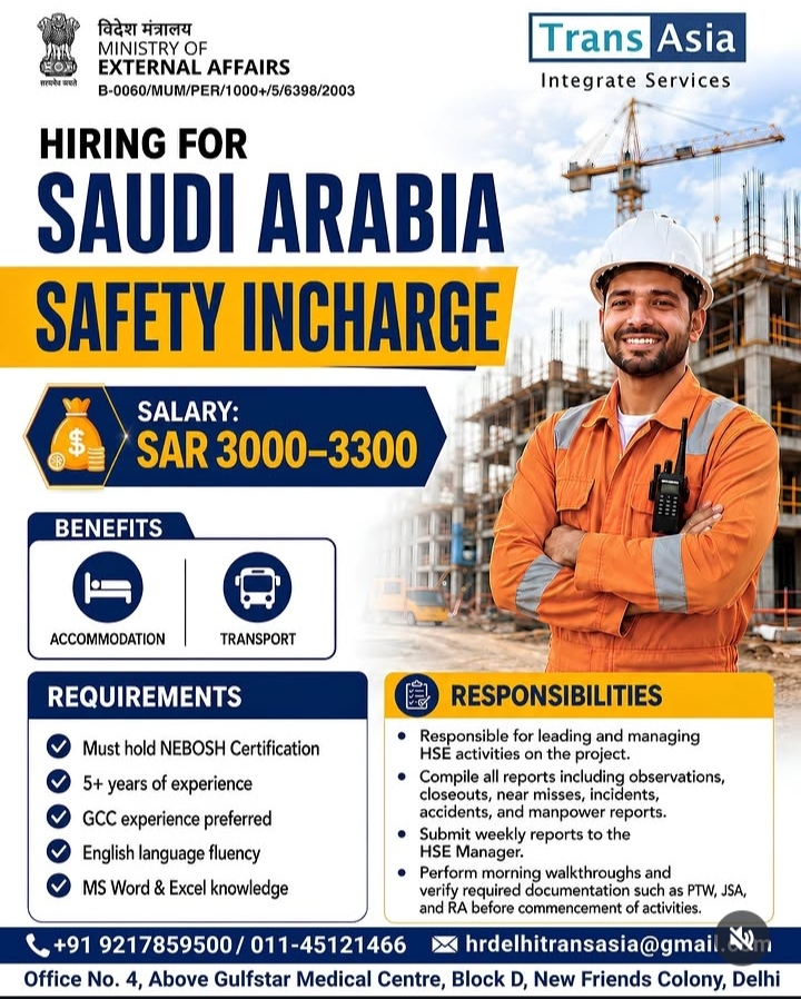 Saudi Arabia Job Opening: Safety Incharge (Trans Asia)