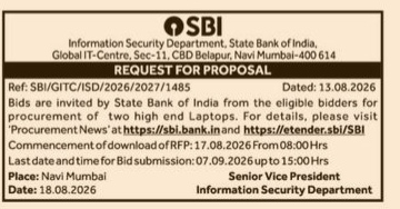 SBI RFP Notice: Procurement of High-End Laptops (August 2026)