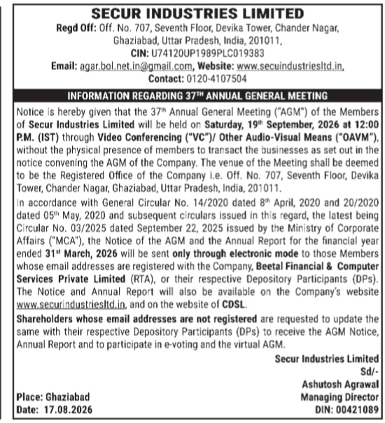 Secur Industries Limited 37th Annual General Meeting Notice