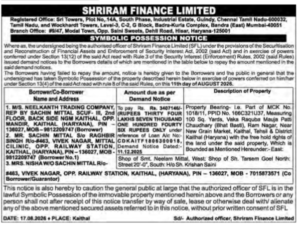Shriram Finance Limited Symbolic Possession Notice for Neelkanth Trading Company