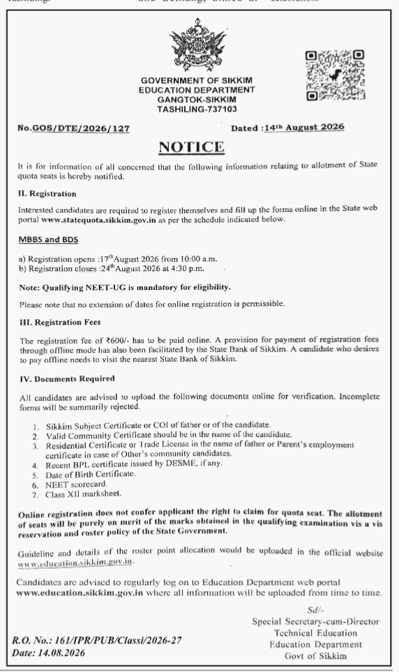 Sikkim State Quota Registration Notice 2026 for MBBS & BDS Courses