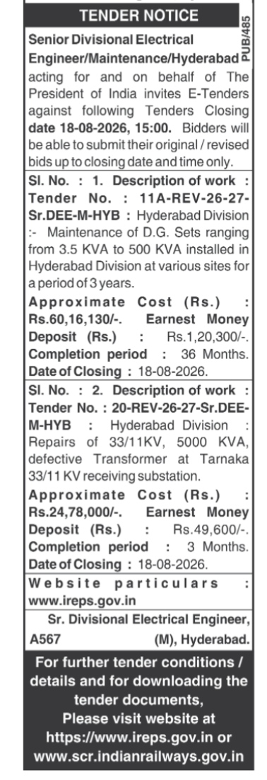 South Central Railway E-Tender Notice for Electrical Maintenance Works (Hyderabad Division)