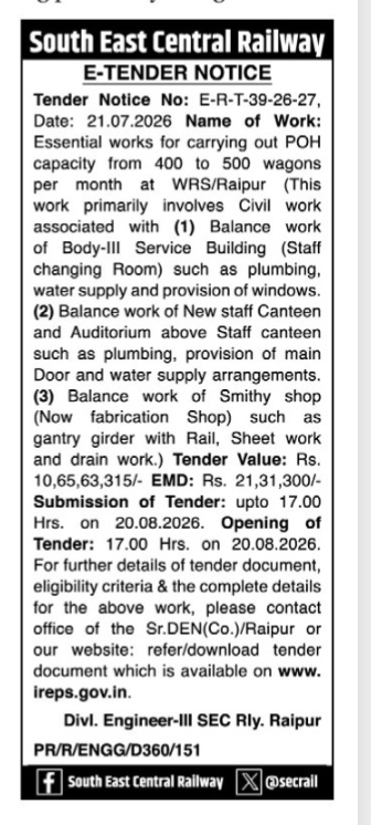 South East Central Railway E-Tender Notice for Essential Works at WRS/Raipur (Tender No: E-R-T-39-26-27)
