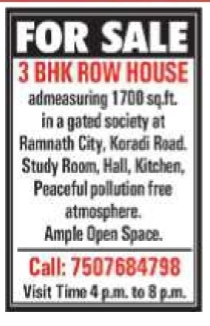 Spacious 3 BHK Row House for Sale at Koradi Road