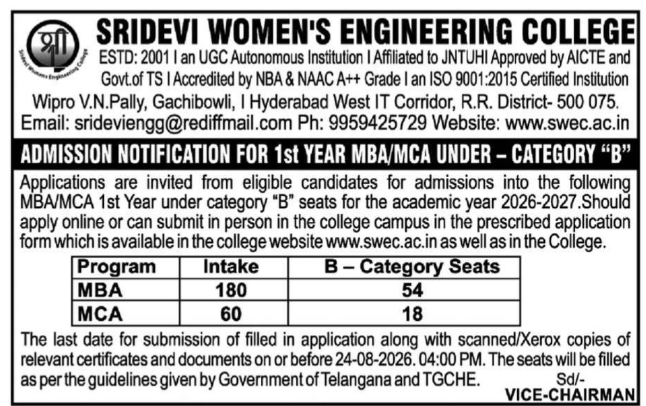 Sridevi Women's Engineering College MBA/MCA Category "B" Admission Notification 2026-2027