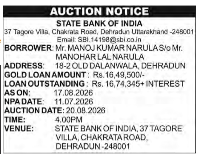State Bank of India Gold Loan Auction Notice.